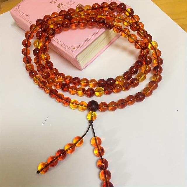 TEMU Natural Amber Multi-loop Bracelet, 108-bead Round Pendant Necklace, Red Amber Tassel Pendant Bracelet, Gift