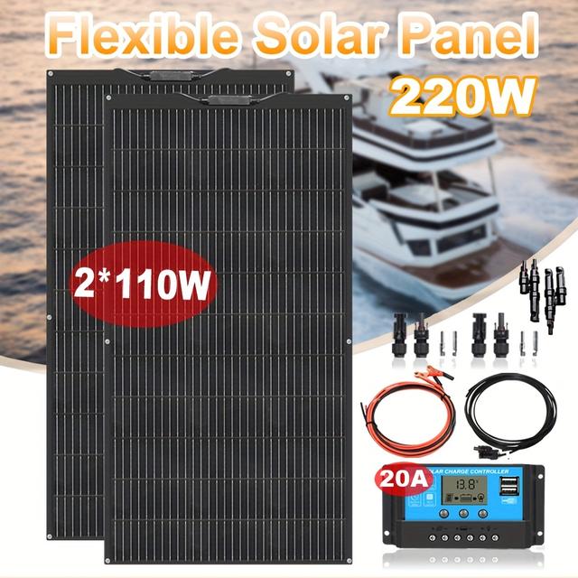 TEMU 220W Flexibles Solarpanel-Set mit 2 x 110W Monokristallinen Solarmodulen 20A Regler für Off-Grid-Systeme in Wohnmobilen, Anhängern, Bootskabinen anderen unebenen Oberflächen