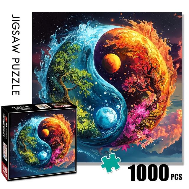 TEMU Yin Yang Led a Oheň 1000dílné puzzle, Velká hra pro dospělé – Interaktivní rodinný zábavný dar DIY dekorace do domu Náročná výzva