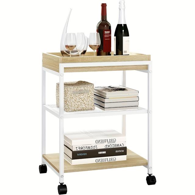 TEMU 1pc Side Table Coffee Table Sofa Table Bedside Table With Wheels Lockable 3 Shelves 1 Removable Tray Made Of Metal And Wood Material