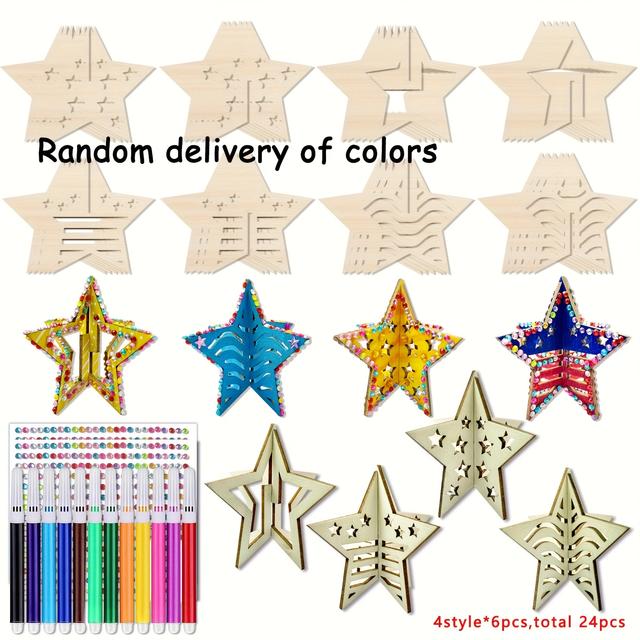 TEMU 24pcs Unfinished Wooden Star Ornaments - 3d Five-pointed Shapes For Diy Crafts, Festival Decorations & Gift Ideas, Includes Colorful Markers, Wooden Star Decoration