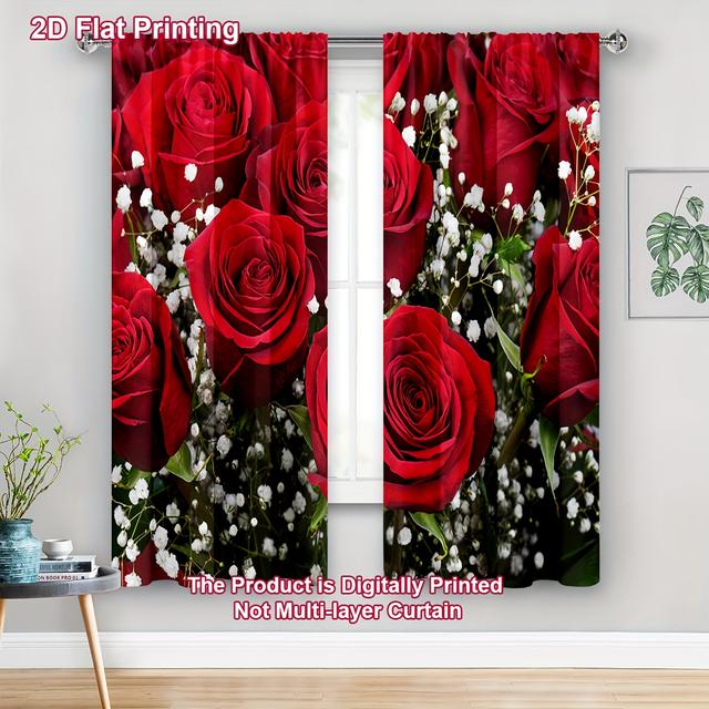 TEMU 2d Flat - 2pcs 2d Flat Printing Rose And Starry Patterned Decorative Curtains | Modern Home Window Decoration, Lightweight And Breathable, Polyester, Semi-sheer, Rod Pocket, Theme