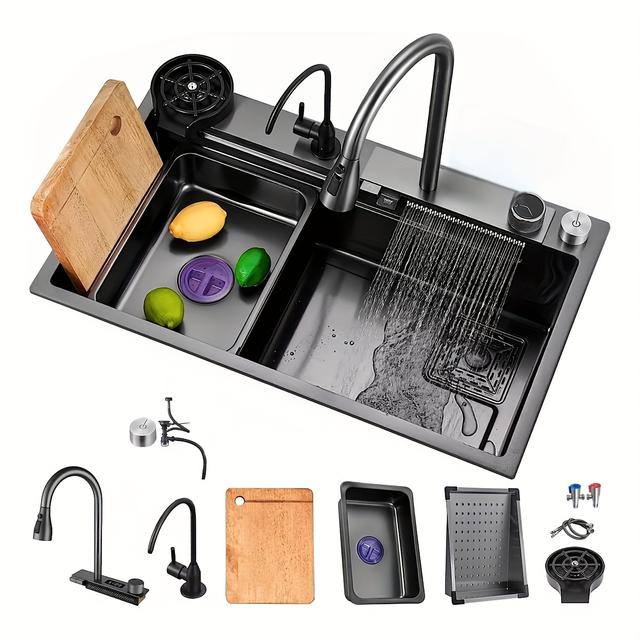 TEMU Fregadero de cocina negro con , en acero inoxidable 304, con grifo extraíble, un solo y un juego completo de accesorios, con de 68 por 45 centímetros y 80 por 45 centímetros