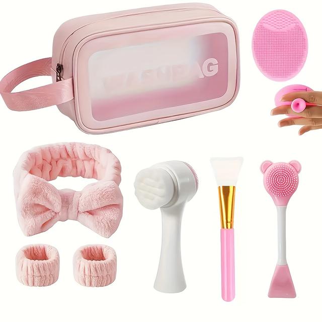 TEMU 8pcs Makeup Bag + Deep Cleansing Facial Care Set With Light Beige-friendly Silicone Exfoliating Brush & Anti-spill Spa Headband, Suitable For Home/travel Multi-, Women's Skincare Gift Choice
