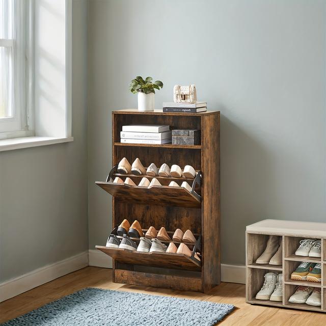 TEMU Shoe Cabinet 2 Flip Doors, 3 Tier Shoe Rack, With 1 Open Compartment, Adjustable And Removable Divider, For 11-16 Pairs Shoes, For Narrow Entrance, 24 X 80 X 102cm