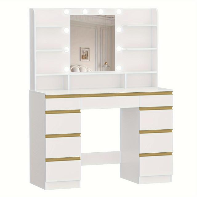 TEMU Is Equipped With 10 Led Bulbs, 3 Color Options, Adjustable Brightness, A Large Hd Mirror, 1 Big Drawer And 8 Small Drawer Cabinets, 9 Open Shelves, No Stool, And Is White