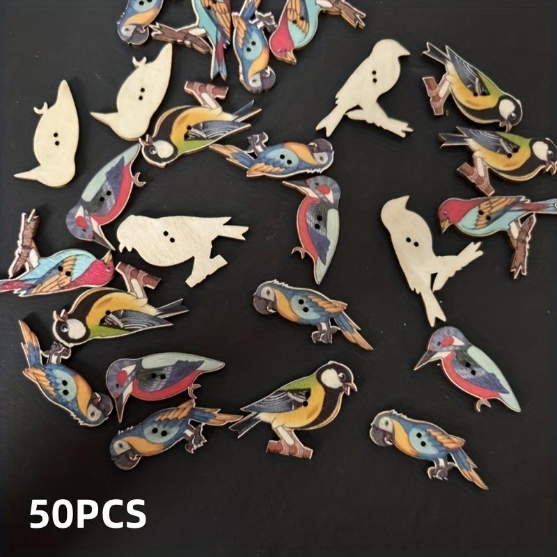 TEMU 50pcs Mixed Bird Pattern Wooden Button Set - Diy Handmade Painting, Sewing, And Weaving Accessories Suitable For Clothing, Hats, Scarves - Unique Gift Ideas