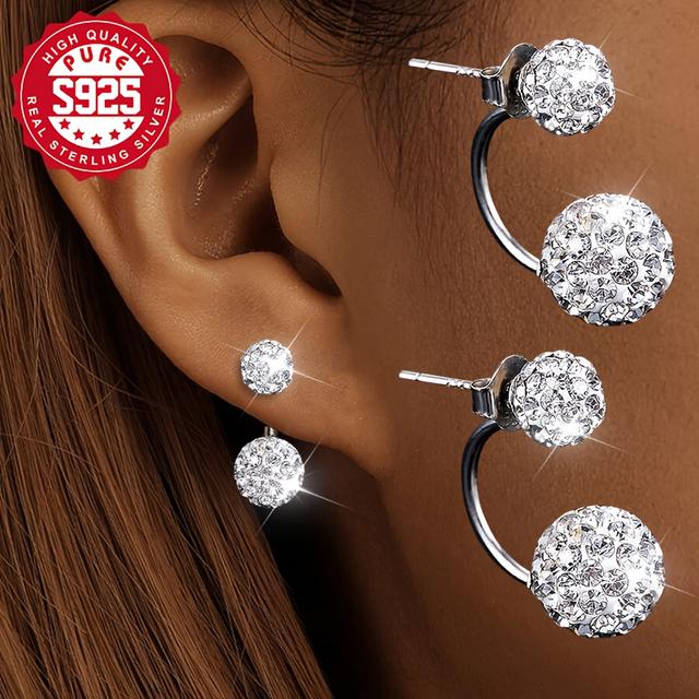 TEMU Pair Pack, S925 Silver, Women's Fashion Ball Earrings, Studs, Hanging Style, Half-wrapped, , Shiny, Daily Versatile, Suitable For Parties And Banquets, Low Allergy