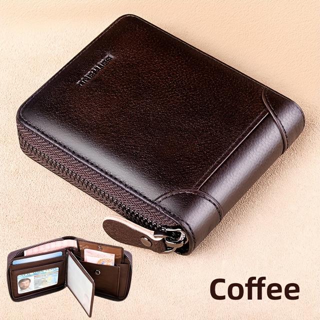 TEMU Men's Genuine Top Layer Cowhide Leather Wallet Fashion Clutch With Zipper, Multi-functional Short Design, Large Capacity Card Holder, Rfid Theft Protection For Going Out