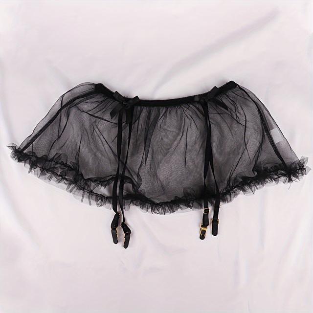 TEMU Elegant Black Lace Garter Belt With Bowknots, Transparent Mesh, Adjustable Elastic Suspender Stocking Straps, 100% Polyester Solid Color, Woven Fabric, Hand Washable - Women's Lingerie Accessory