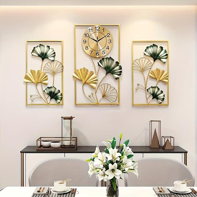TEMU 3pcs Metal Wall Clock And Ginkgo Leaf Wall Decoration, Sports Wall Clock, Suitable For Home Decoration, Bedroom, Living Room, Dining Room, Sofa Background Wall, Office Wall Decoration Wall Clock