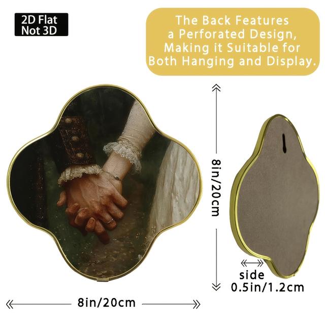 TEMU 2d Flat, 1pc 7.8" X 7.8" Clover Shaped Victorian Gothic Holding Hands Wall Art, Vintage Romantic Oil Painting Print, Frame Dark Academia Decor For Living Room Study