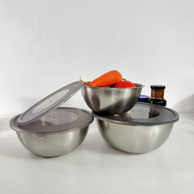 TEMU طقم خلط السلطة من الفولاذ المقاوم للصدأ، 3 قطع/مجموعة مع غطاء، سطح معدني مصقول، دائري - أوعية خلاط للمطبخ مع غطاء، طهي بمقياس، مثالي للطهي والخبز والتجهيز، حوض مطبخ منزلي، غسيل، فواكه