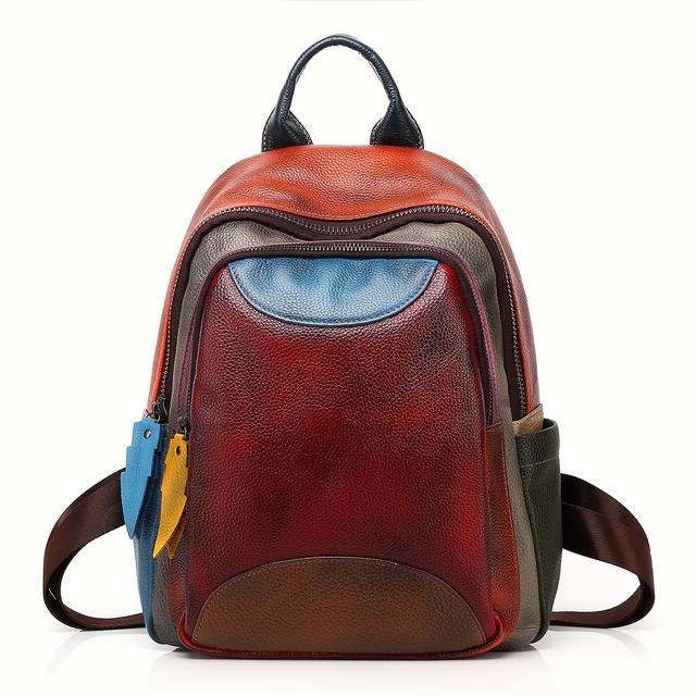 TEMU Vintage Genuine Leather Shoulder Bag, Color Block Pack, Women's Fashionable Daypack
