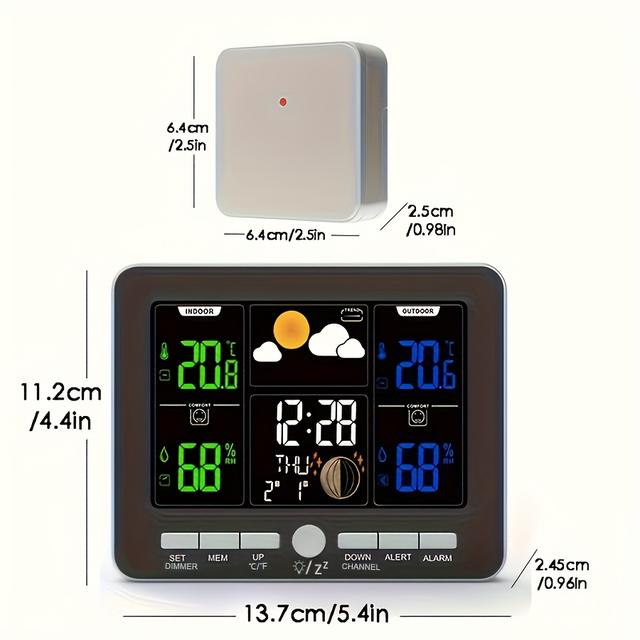 TEMU Weather Station Wireless Indoor Outdoor Thermometer, Barometer With Color Display Atomic Clock, Time 12/ 24h, Dual Alarm Clock Alarm Function