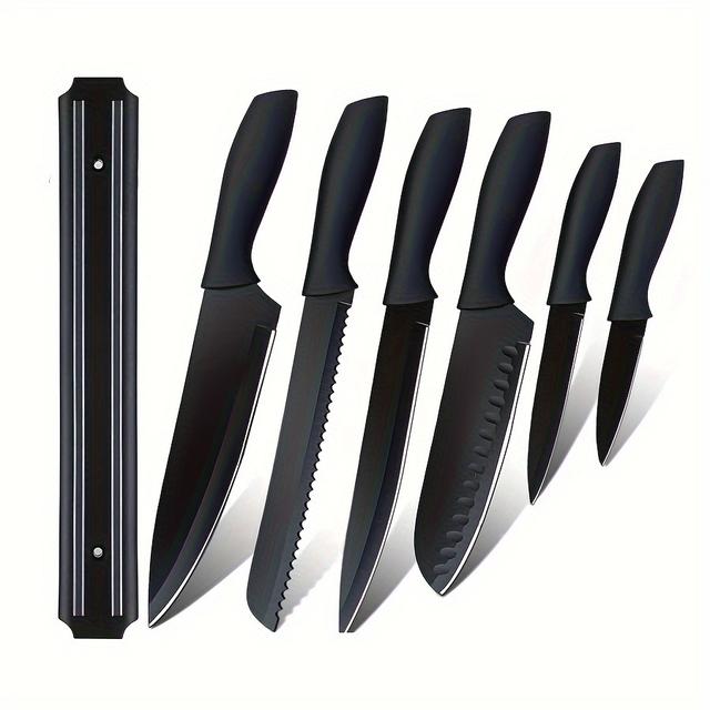 TEMU 7pcs Kitchen Knife Collection Featuring A Magnetic Strip, Includes Small Cooking Knives And A Steel Chef's Knife Set Designed For Slicing Meat And Vegetables