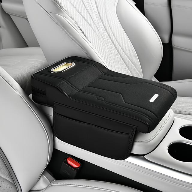 TEMU Bil Centerkonsol Armstöd Box Förlängningsplatta. Mocka Tyg Yta, Konstläder Material på Sidor Och Botten. Inkluderar Tissue Box. Har 2 Förvaringsfickor på Sidor