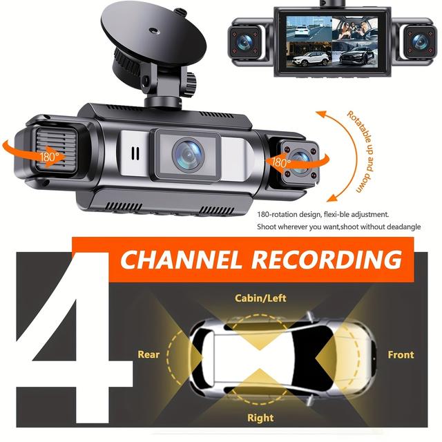 TEMU 4-channel Dash Cam With Night Vision - 1080p Front + 720p /rear, Led Display, Physical Buttons, 24/7 Parking Monitor, Rechargeable Battery & Car Power, Rearview System, Modern Vehicle Accessory