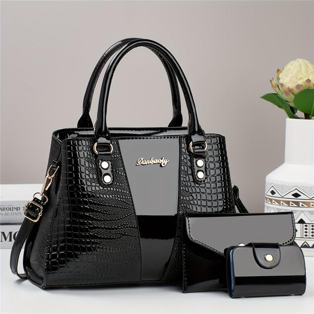 TEMU Three-piece Crocodile Pattern Handbag Set, Fashionable Glossy Handbag, Handbag With Handbag And Credit Card Holder, Suitable For Wo
