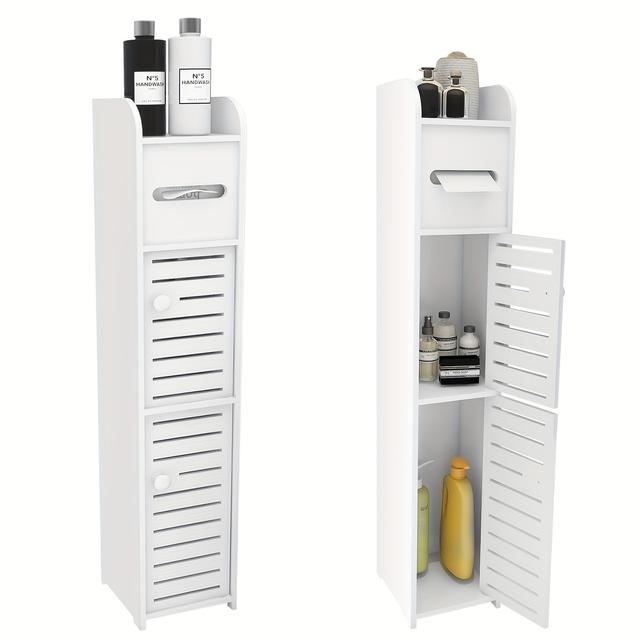 TEMU Bílá koupelnová skříňka s vertikálními policemi a prostorově úsporným designem, včetně držáku na kapesníky