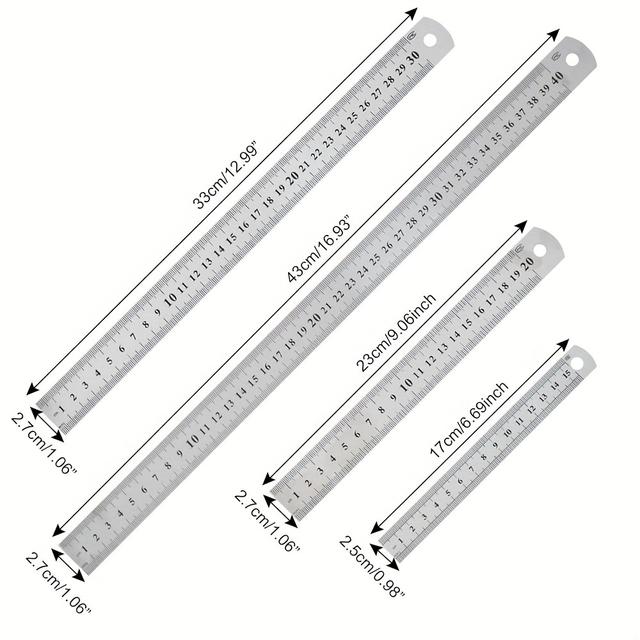 TEMU 메탈 자 세트, 4가지 사이즈 자 15cm (6인치) 20cm (8인치) 30cm (12인치) 40cm (16인치) 듀얼 스케일 미터법/영국법, 측정 도구 메탈 자 (교육, 사무실, 드로잉, 엔지니어링용)