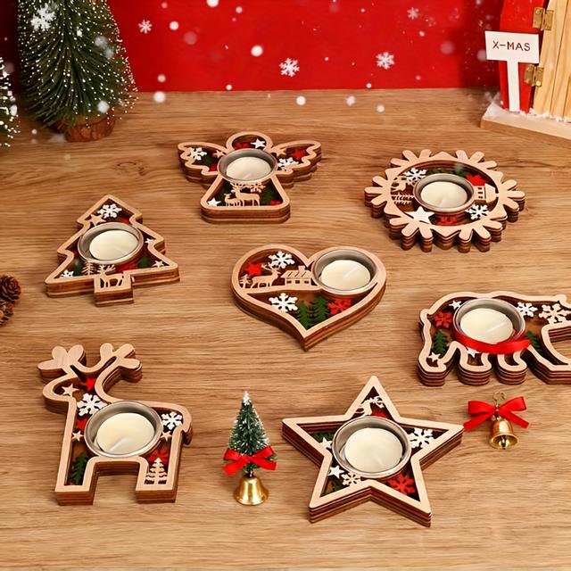 TEMU A 7pcs Wooden Christmas Candle Holder Set, Perfect For Home Decoration, Ideal For Christmas Decor, A Wonderful Gift For Birthdays, And A For The