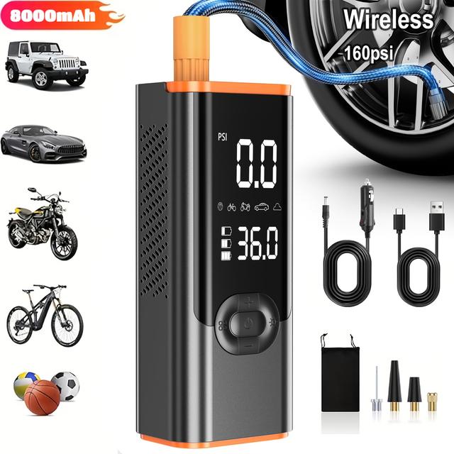 TEMU Portable Tire Inflator , Featuring A Cordless Air Compressor With Pressure Gauge And Led Light. It With An 8000mah Battery And 4 Nozzles Suitable For Cars, Motorcycles, Bikes, And Balls
