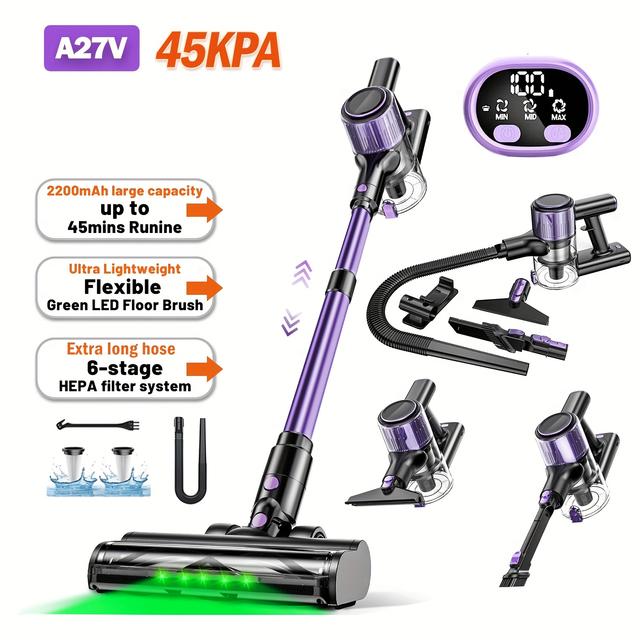 TEMU Car Lightweight Handheld Vacuum Cleaner, 10-in-1 Cordless Vacuum Cleaner, 3 , Long , With Upgraded Extra Long Hose, Anti- Brush, Green Led Lights, Suitable For Car, Carpet And Pet Hair Cleaning