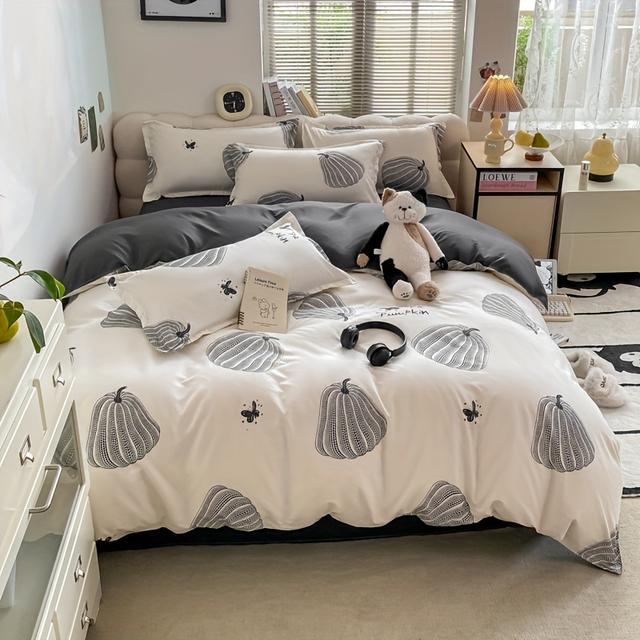 TEMU 4点セット おしゃれでかわいい布団カバーセット 寝具 柔らかく快適で通気性の良い反応性プリント素材 オール対応 美しくシンプル 1枚の布団カバー（中綿なし）、1枚のシーツ、2枚の枕カバー（中綿なし）, 寮の部屋用寝具,おしゃれな寝具,シンプルデザイン,軽量寝具,通気性素材,枕カバーセット,ベッドシーツセット,大学生
