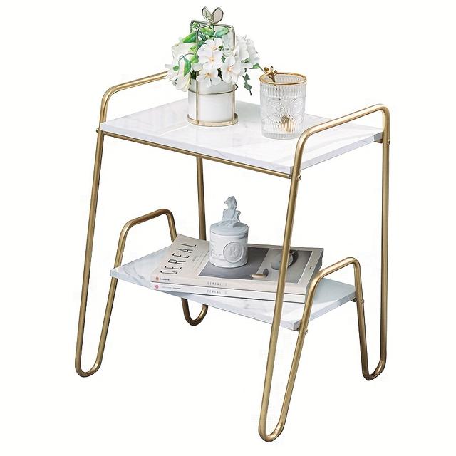 TEMU Table d'appoint Chic à 2 Niveaux Blanc & Doré - Marbre Moderne avec Cadre Métallique, Parfaite pour Chambre ou Salon, Petite Table d'Accueil, Tables de Canapé, Tables de Chevet