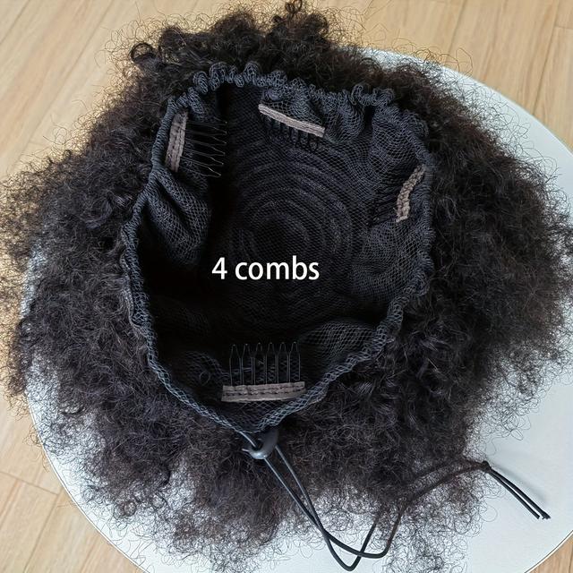 TEMU Afro Lockiges Haar mit Ziehband, Echthaar-Dutt 30cm, Afro-Puffer Clip-In-Verlängerungen in Natürlicher Farbe