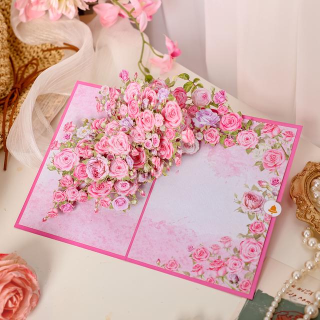TEMU Handcrafted 3d Pink Pop-up Card – Elegant With Pink, Purple, And Green Artificial Roses – Perfect Gift For Birthdays, Weddings, Mother’s Day, Thanksgiving, And Graduation