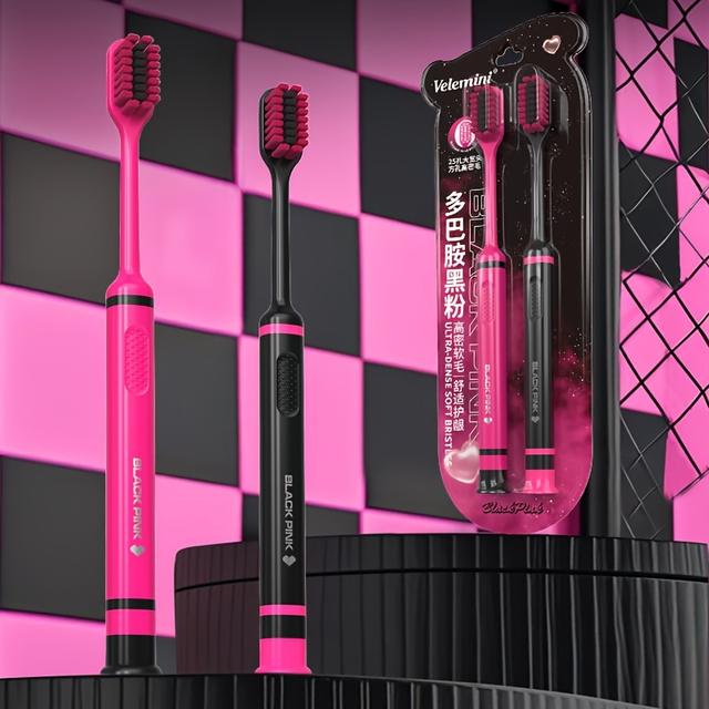 TEMU 2er-Pack Dopamin-Stil Zahnbürste mit weichen Borsten in Schwarz Rosa, Zahnfleischschutz, süßer kühler rutschfester Griff, tragbares Familienpack für Schüler Erwachsene