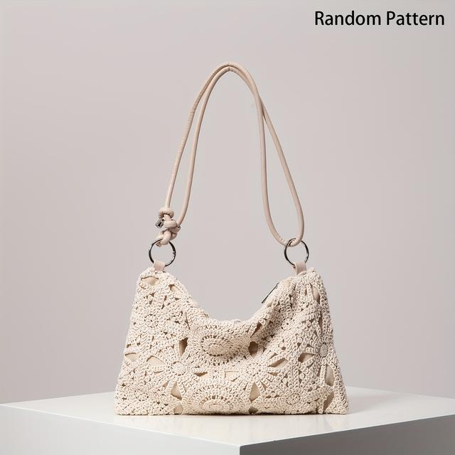 TEMU Women's Shoulder Bag, Patterned Hollow Woven Bag, Bohemian Beach Bag, Elegant Evening Bag, Wedding Item, Holiday Casual Straw Woven Wallet, Metal Round Handbag (random Pattern)