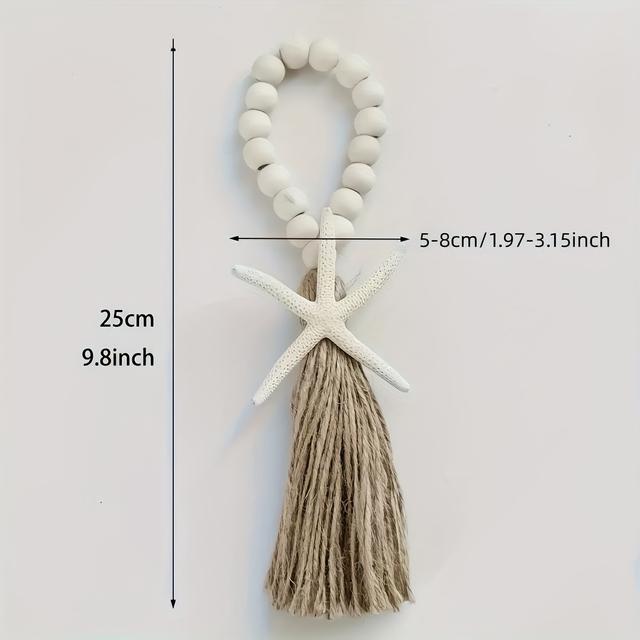 TEMU قلادة يدوية بوهيمية من الخرز الخشبي مع شرابة - خرز قرع خشبي أبيض وأزرق سماوي مع تعليقة نجم البحر - معلق باب، زينة سيارة، تعليقة حقيبة، ديكور منزلي بحري بوهيمي - هدية للنساء (إكسسوارات بوهيمية)