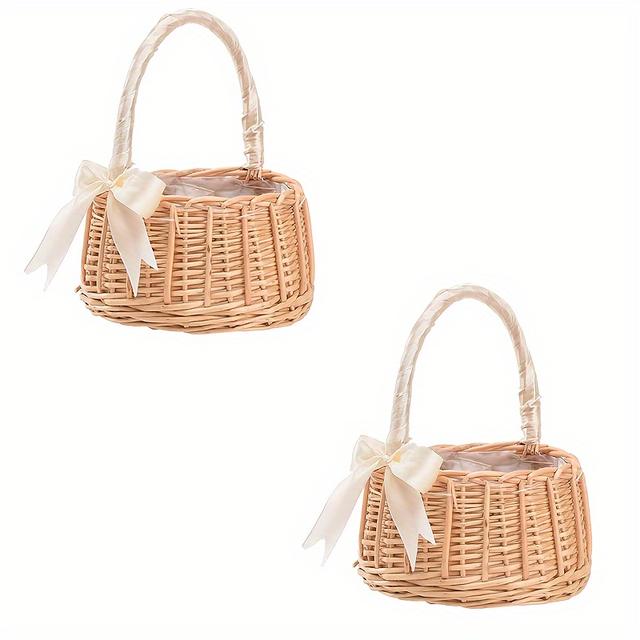 TEMU 2pcs Rustic Wicker Baskets With Ribbon, Multipurpose Small Baskets With Handles For Wedding Decorations, Elegant Floral Arrangement, Rustic Wedding Decor, Shelf Basket, Shelf Baskets