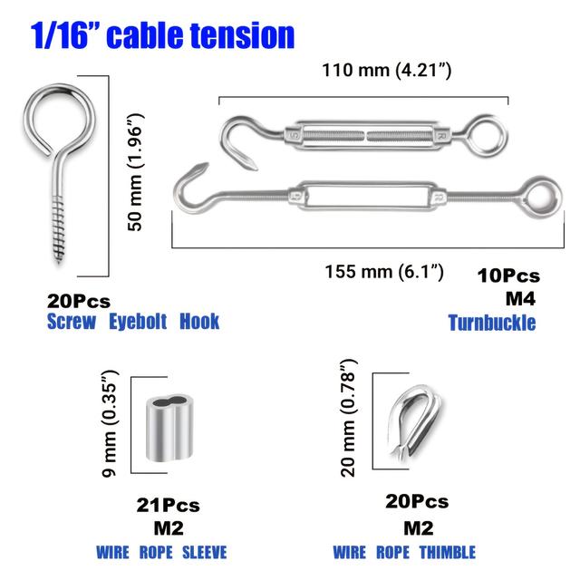 TEMU Stainless Steel Cable Railing Hardware Kit Wooden Post, Including M5 Turnbuckle Tensioner Filter, M5 Turnbuckle Hook, M2 Crimp Ring, M2 Top Pin, For 1/16" Steel Wire Rope, Deck Railing Kit