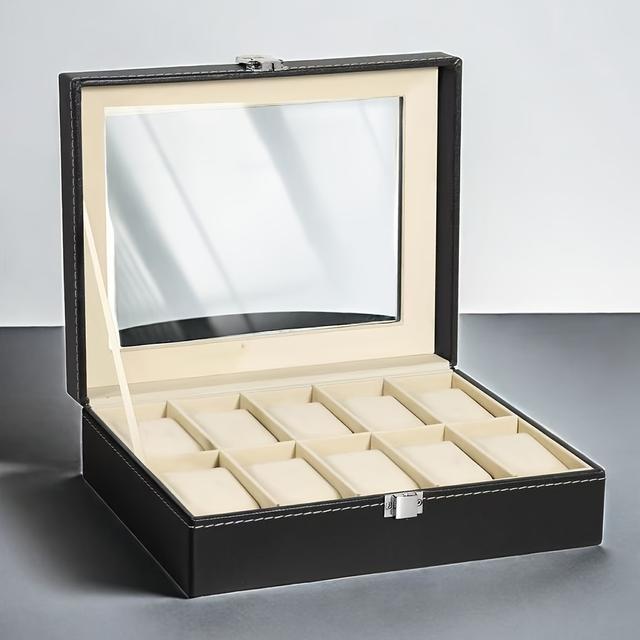 TEMU Premium Schwarze PU-Leder Uhrenbox, 10-Fach Uhrenaufbewahrungsbox mit 10 kleinen Kissen, Geschenk für Vater oder Freund