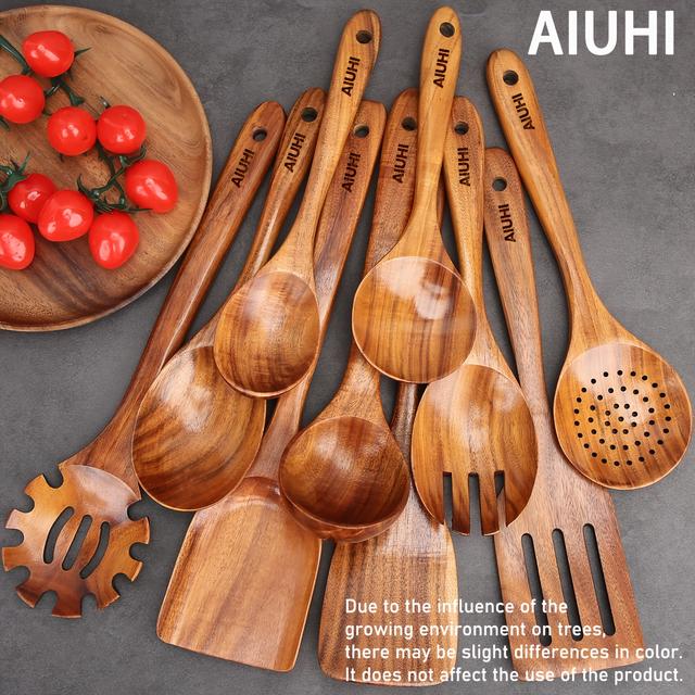 TEMU Aiuhi 10pcs Wooden Kitchen Utensils Wooden Spoons For Cooking Wood Kitchen Utensils For Nonstick Pan Nonstick Kitchen Utensils