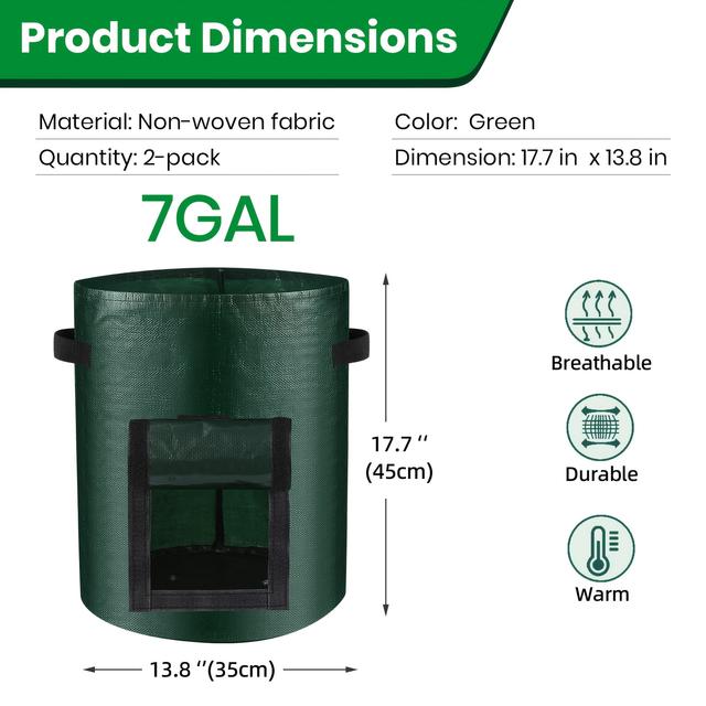 TEMU 2pcs Potato Grow Bags, 7 Gallon/10 Gallon Planting Growing Bag With Flap And Handles Plant Container Planter Pot For Potato Flowers Mushroom Tomato And Vegetables, Green