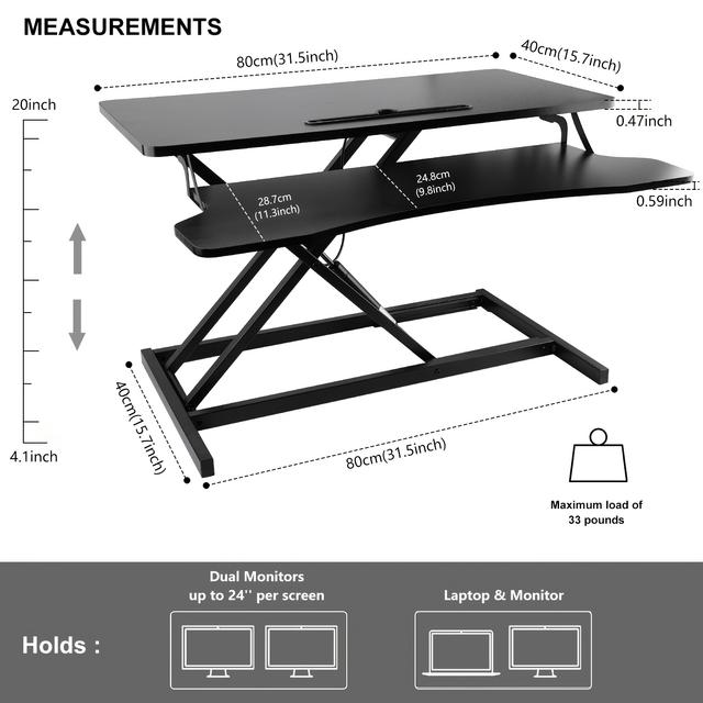 TEMU 32-inch Desk Converter That Allows Height Adjustment For Sitting Or Standing, Featuring A Dual Monitor And Laptop Workstation With A Spacious Keyboard Tray, In Black.