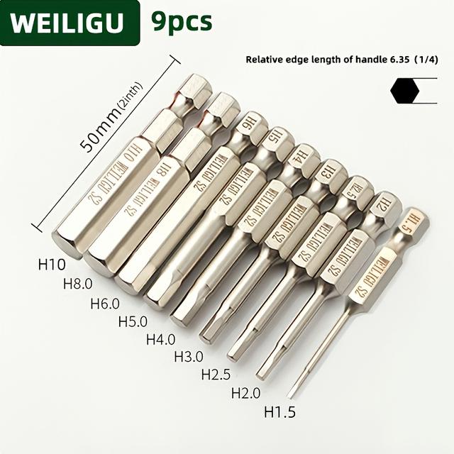 TEMU 9点セット 六角ドライバービット H1.5-H10 高硬度S2鋼製 電源不要で交換可能 各ビット長さ5.08cm 二重層電気メッキ加工で防錆性と耐久性を強化
