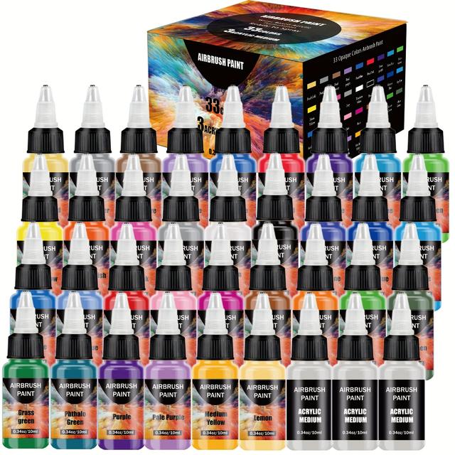 TEMU Airbrush Paint, 33 Colors With 3 Thinner Airbrush Paint Set, Water-based Air Brush Paints Acrylic Ready To Spray Includes Metallic & Neon Colors, 10ml/bottle