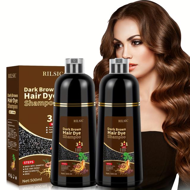 TEMU Rilsic 1/2pcs Instant Dark Brown Hair Dye Shampoo For Gray Hair 3 In 1, Natural Hair Color Shampoo For Women And Men In Brown Shades In , 100% Coverage With Long Lasting Effects,