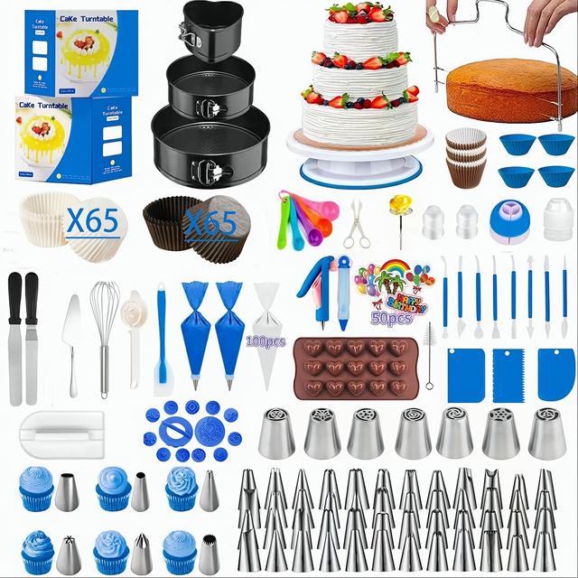 TEMU 489-delige taartversieringsset - Roestvrijstalen draaitafel, pippingzakken, mondstukken, sprinkels en meer - Perfect voor kerstbakken en feestversieringen, taartversieringsbenodigdheden