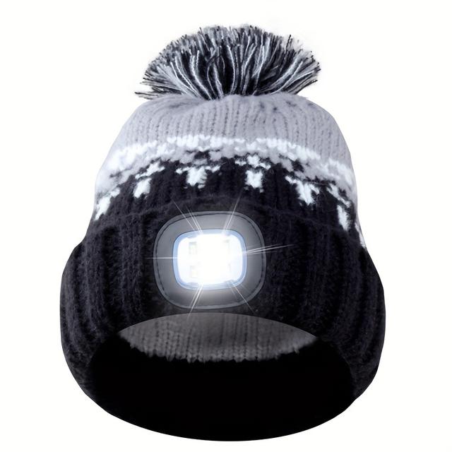 TEMU Unisex Color Block Beanie With , Usb Rechargeable Warm Windproof Ball Cap For Winter Outdoor Cycling Jogging Camping Light-up Gift