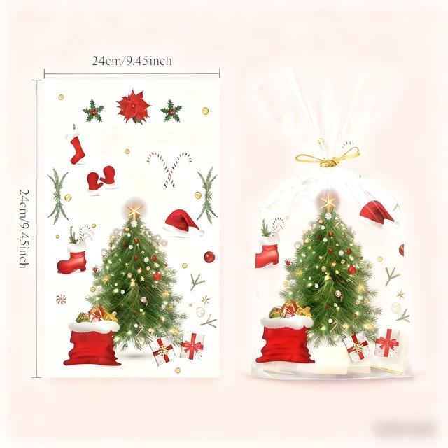 TEMU 100 Sets Of Transparent Christmas Gift Bags Featuring Santa Claus, Reindeer, And Christmas Tree Prints, Suitable For New Year, Winter Parties, And Holiday Gift Wrapping