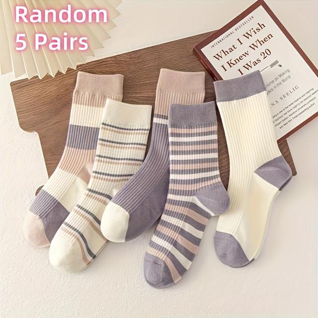 TEMU 5 Pairs Of Thick Retro Striped Color- Mid-calf Socks For Autumn And Winter, Perfect For Comfortable Everyday Wear