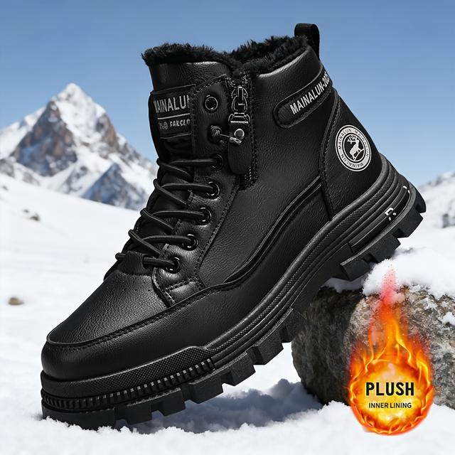 TEMU Men's Vintage Casual Fleece-lined Snow Boots - Brown Cover With Black Accents, Lace-, Thick Pvc Sole For Winter & Fall, Round Toe , Footwear, Winter Boots, Style Boots, Durable Winter Footwear