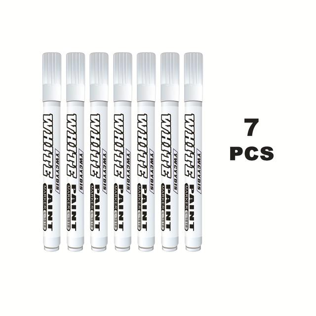 TEMU 7 قطع أقلام إطارات بيضاء للاستخدام الإبداعي في الرسم والتمييز على سطح إطارات السيارة - مقاومة للماء، ضد الزيت، غير قابلة للبهتان، سريعة الجفاف، رأس عريض وسميك